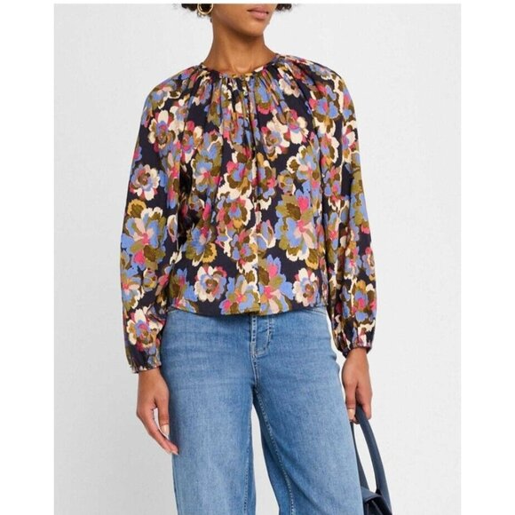 Creme Fraiche Size S Floral Pink Yellow Orange Navy Women Top Blouse 100% Silk - Picture 2 of 10